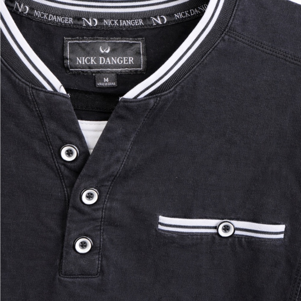 Nick Danger Men's Black Short-Sleeve Henley with Contrast Trim